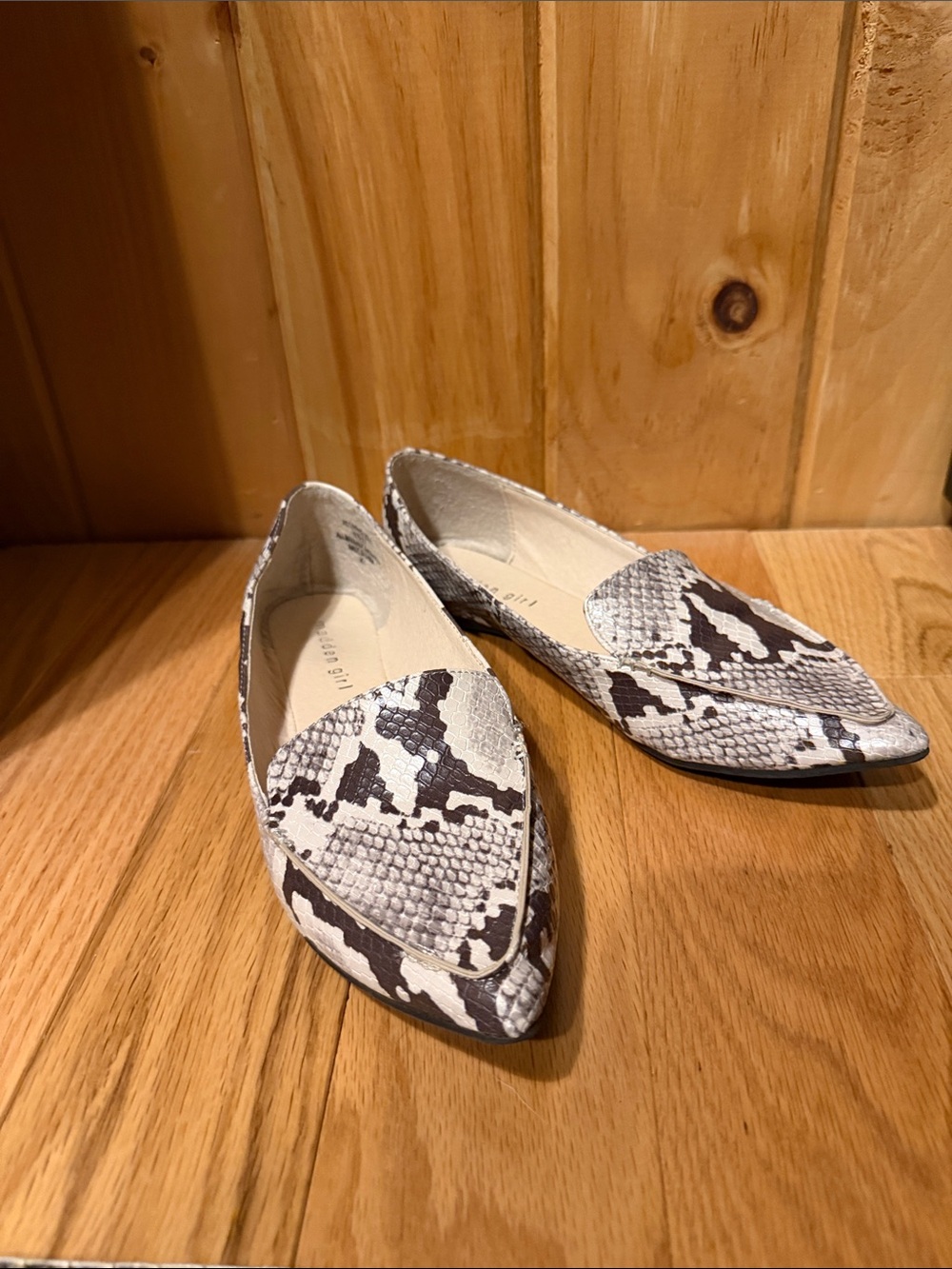 Madden Girl Pointed Snake-Print Flats in White and Black